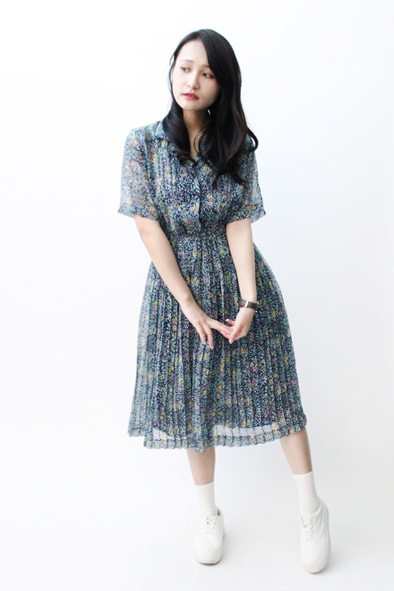 [RE0831D841] autumn blue floral vintage loose V-neck dress - One Piece Dresses - Polyester Blue