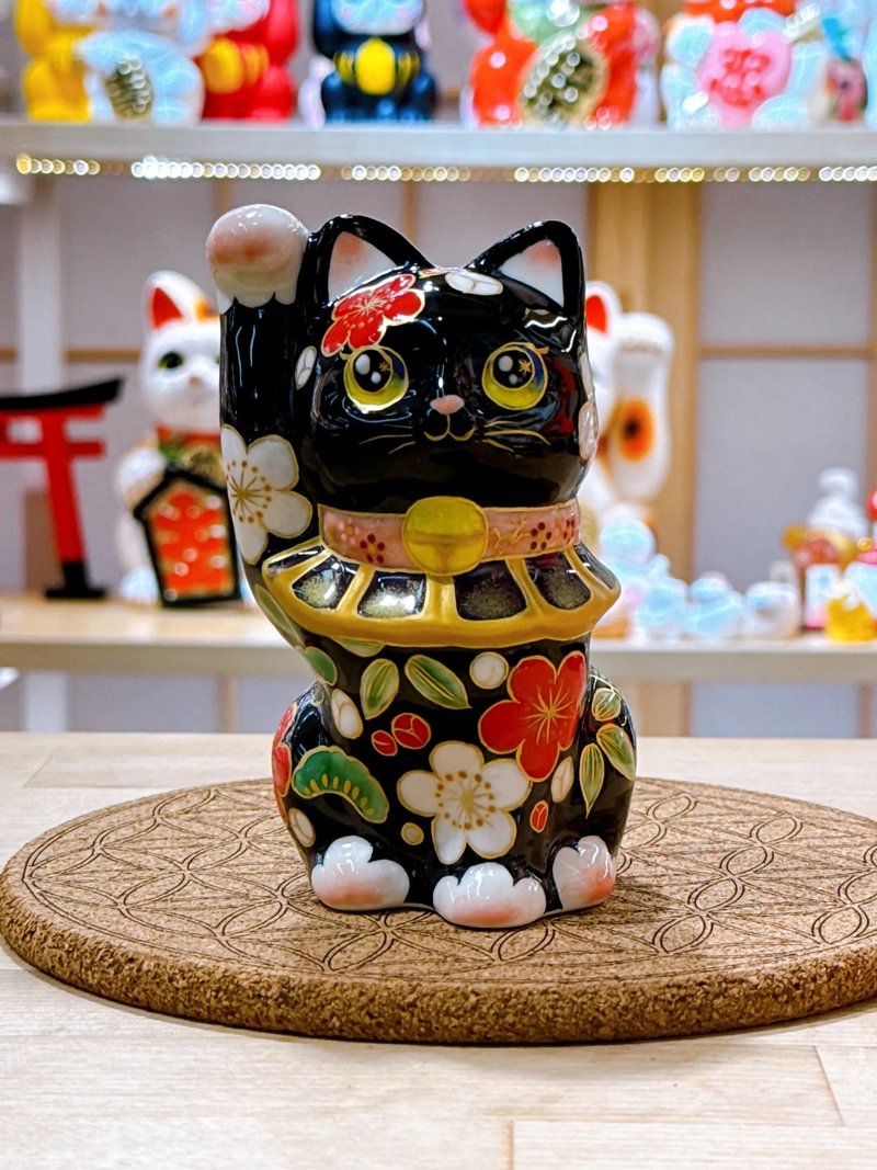 【松竹聚福】日本清水燒招財貓 | 色繪 - 黑地 松竹梅 - 擺飾/家飾品 - 瓷 黑色