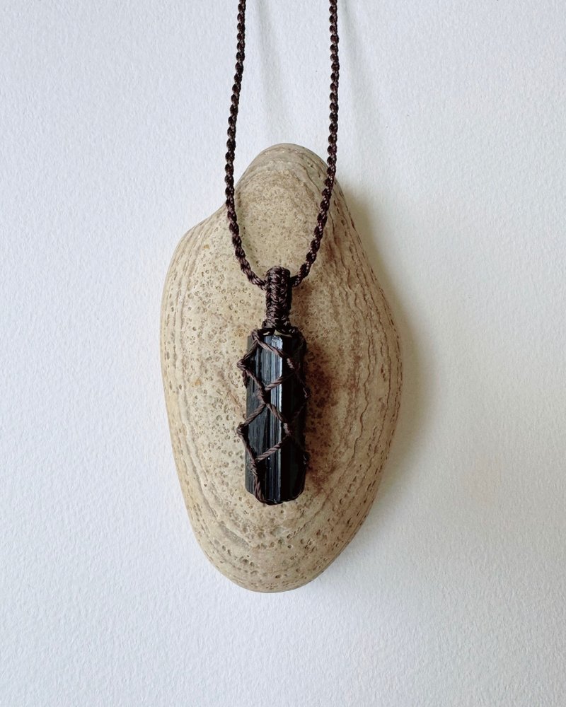 黑碧璽蠟線編織長項鍊 - 項鍊 - 水晶 咖啡色