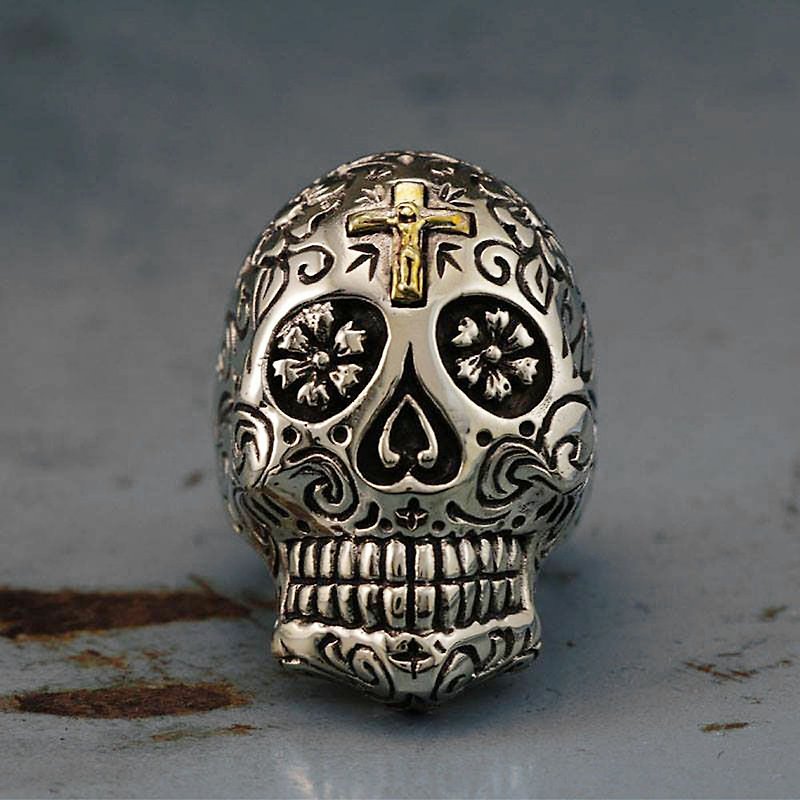 Mexican Biker Rings Skull sugar sterling silver Huge 925 motorcycle Gothic Cross - General Rings - Other Metals Silver