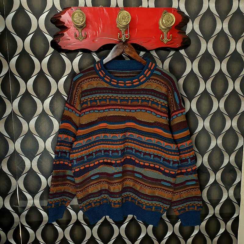 小龜葛葛-日本-立體條紋針織古著毛衣 - 毛衣/針織衫 - 其他人造纖維 