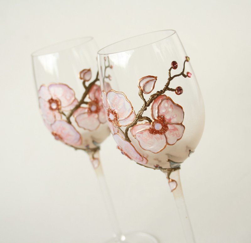 Pink Orchid Swarovski Wine Glasses hand-painted set of 2 - แก้วไวน์ - แก้ว สึชมพู