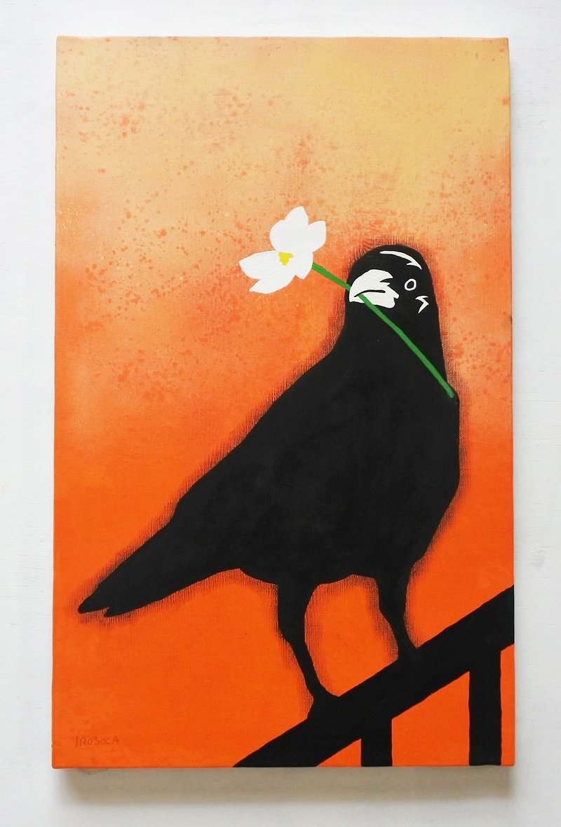 [IROSOCA] Flower holding crow canvas painting M10 size original picture - Posters - Other Materials Orange