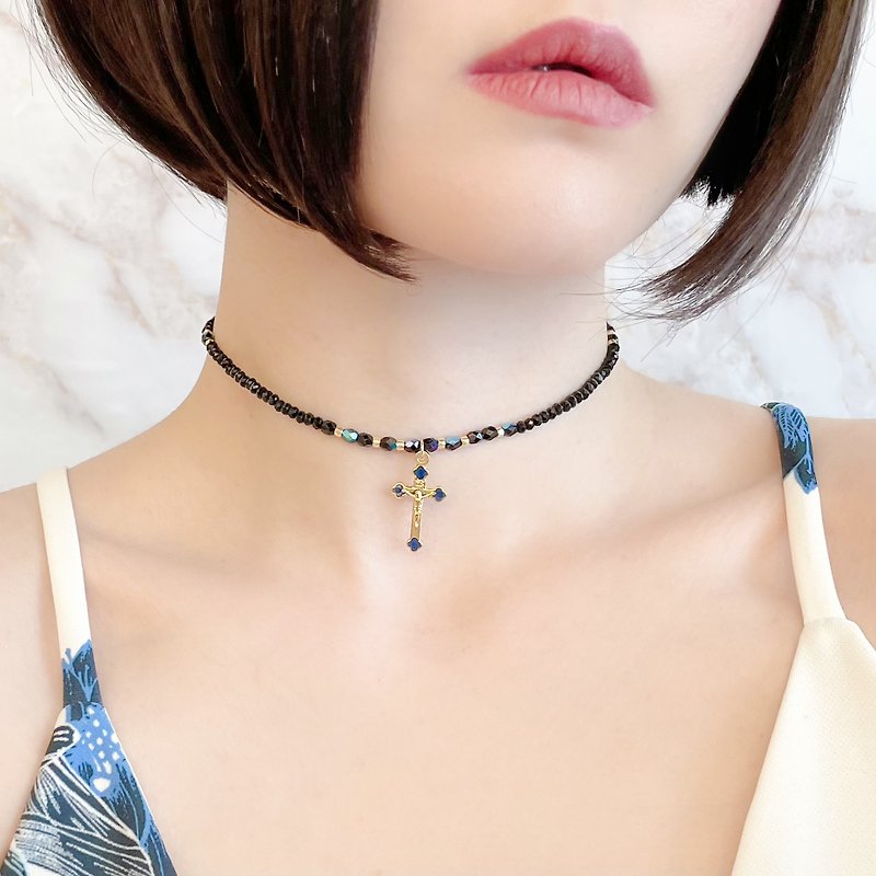 BLUE Light Lurking in the Darkness / Black Beads and Cross Choker SV154 - Chokers - Other Metals Black