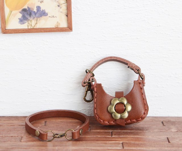 Genuine Leather Miniature Bag Flower Buckle Bag Charm with Strap