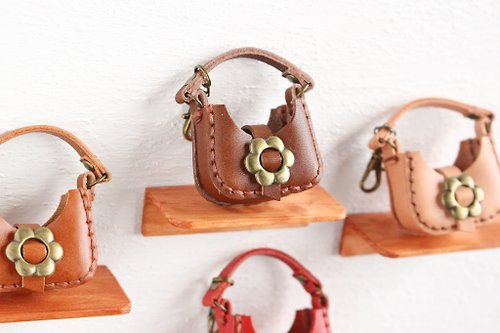 Genuine Leather Miniature Bag Flower Buckle Bag Charm with Strap