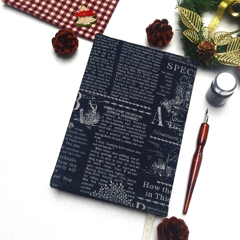English newspaper book cover with bookmark handmade canvas - ปกหนังสือ - ผ้าฝ้าย/ผ้าลินิน สีน้ำเงิน