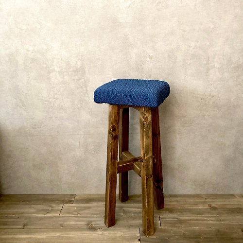 achio-and-plus クッションスツール 椅子 アンティーク風 イス チェアー 65cm ダークブラウン 布生地ブルー