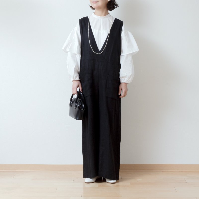 Adult cache-coeur wide pants - Linen/black - จัมพ์สูท - ผ้าฝ้าย/ผ้าลินิน สีดำ