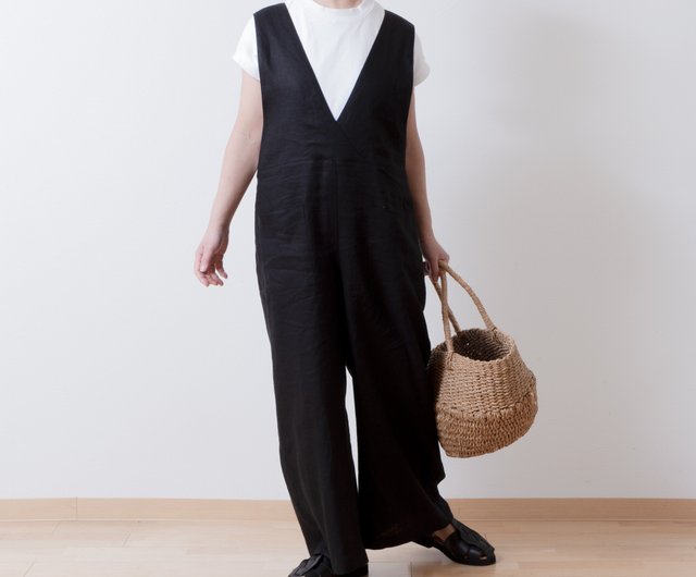 Adult Cache-coeur Salopette Wide Pants - Linen/Black - 設計館