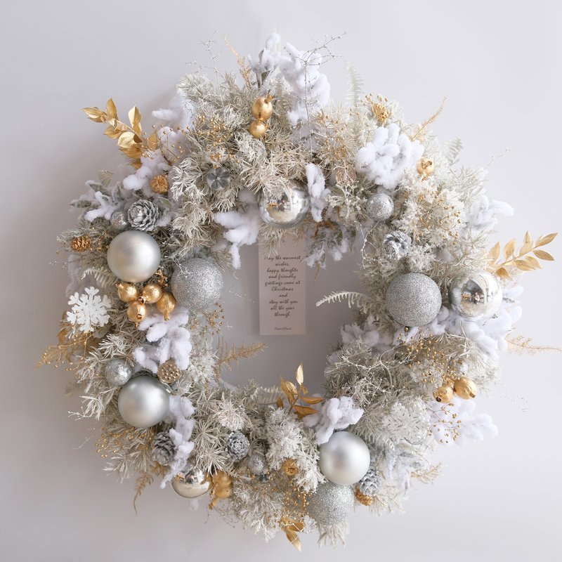 Pinkoi限定 Xmas 雪國世界 聖誕花圈L 乾燥葉材X銀X金X雪白裝飾 - 乾燥花/永生花 - 植物．花 白色