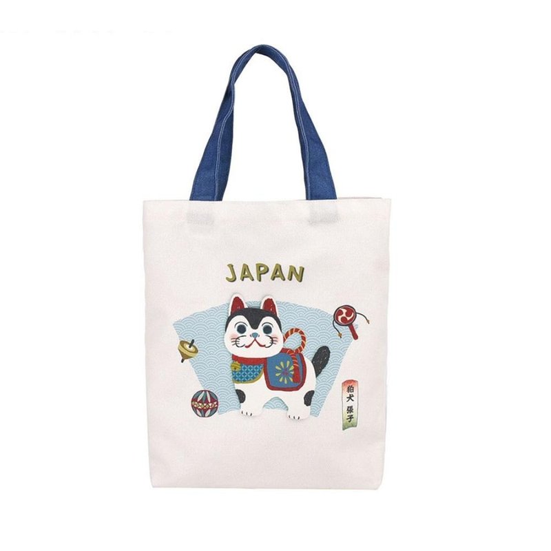 Kusuguru Japan 肩背包 日本限定和風圖樣A4帆布托特包狛犬款白色 - 手提包/手提袋 - 聚酯纖維 