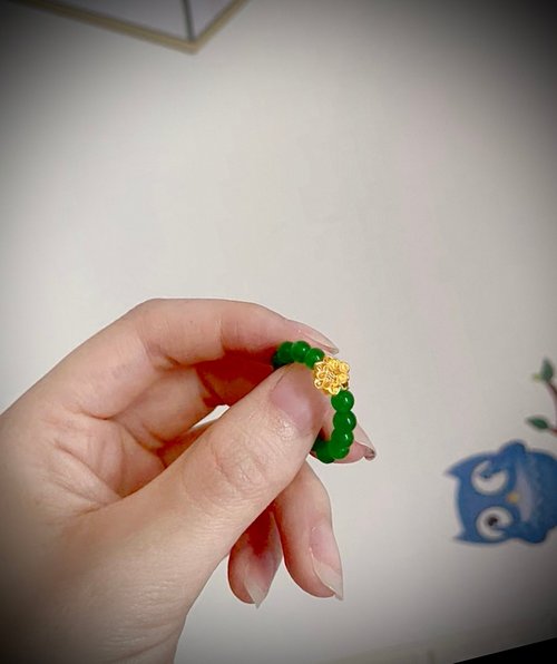 C&W 天然菠菜綠翡翠和田玉可愛小蓮花氣質戒指戒環