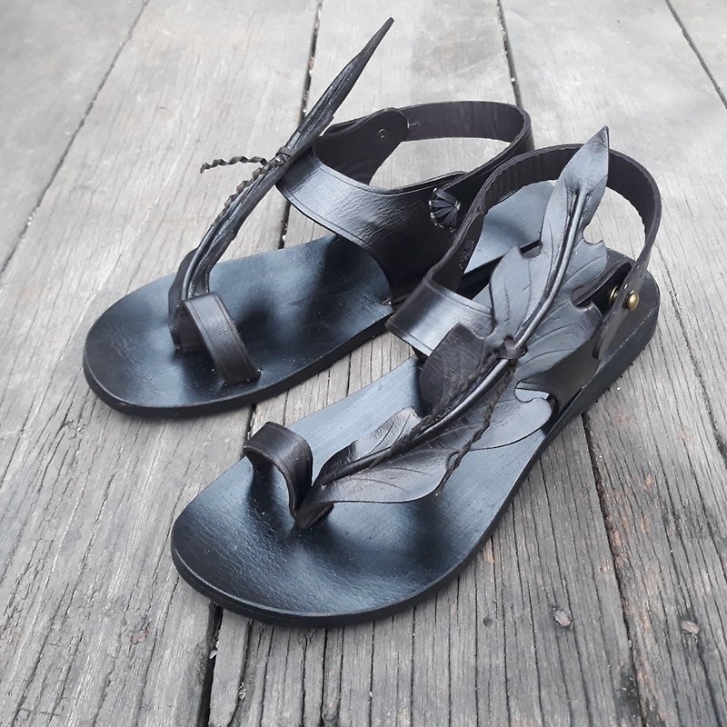 Black Strap Sandals, Custom Leather shoes, Leather Flat sandals, Slingback shoes - 涼鞋 - 真皮 黑色