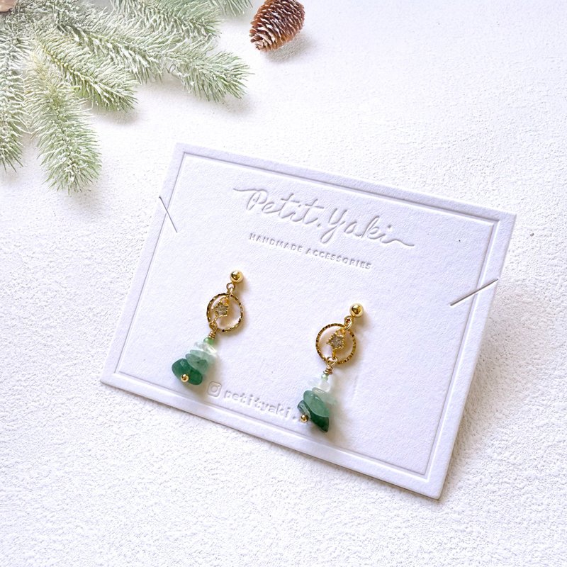 [Christmas Ornaments] Christmas Tree Crystal Stone Earrings - ต่างหู - คริสตัล สีเขียว