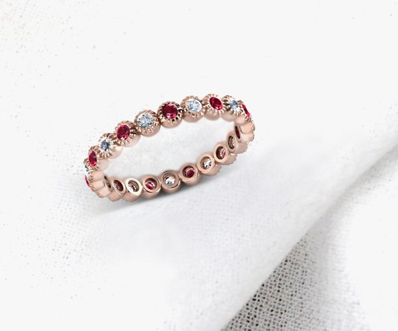 Natural Red Ruby Gemstone Eternity ring ,925 Silver Pink Gold,Thai ruby Gemstone - 戒指 - 其他金屬 咖啡色
