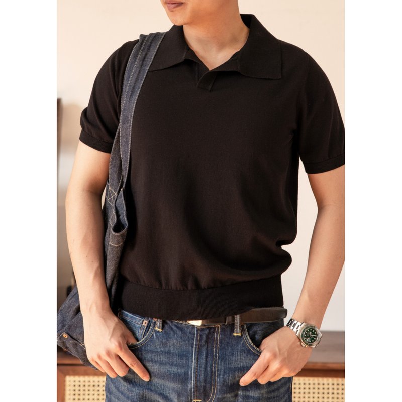 短袖針織衫 馬球衫 義式一片領 加厚螺紋 三色 polo shirt - 男毛衣/針織衫 - 棉．麻 黑色