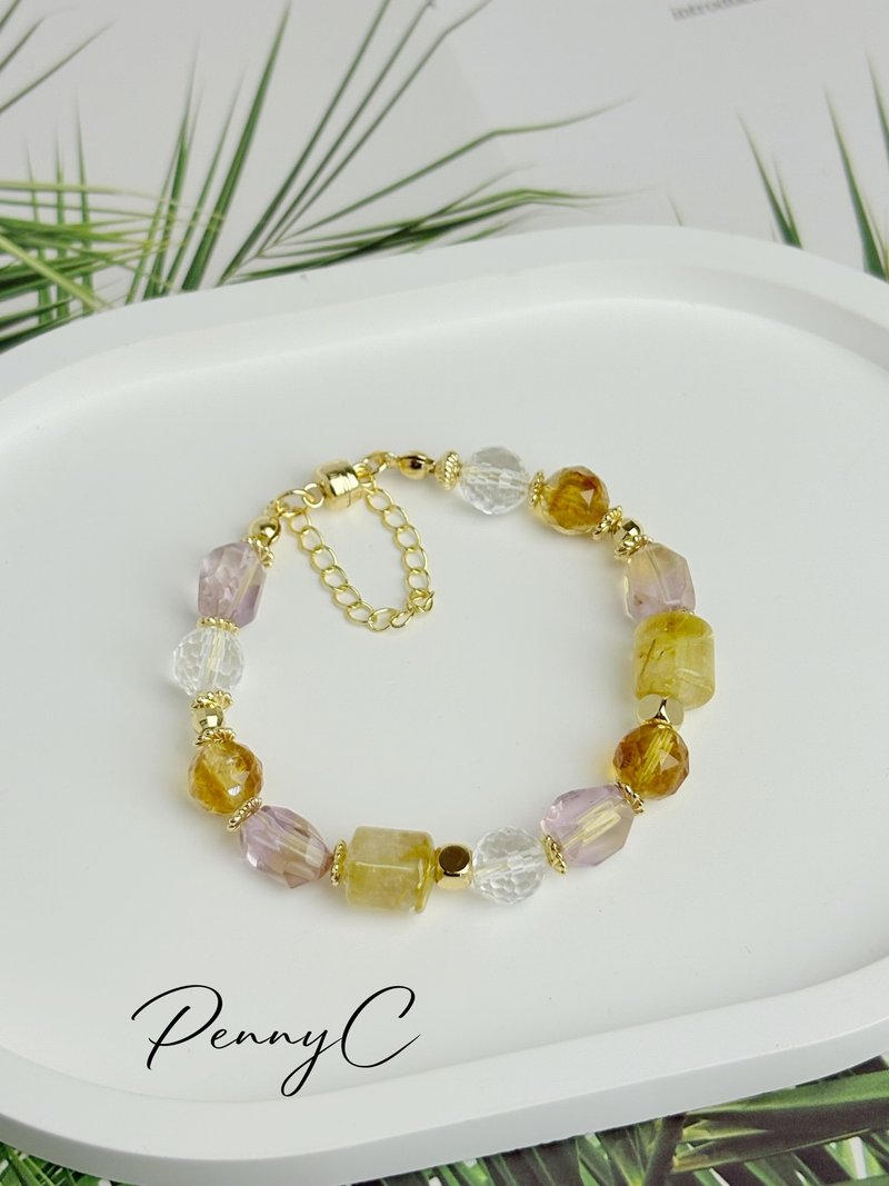 Crystal Bracelet Amethyst Citrine Rutilated Quartz Citrine Wealth Attraction Helpful People Career Boost Confidence Boost - สร้อยข้อมือ - คริสตัล 