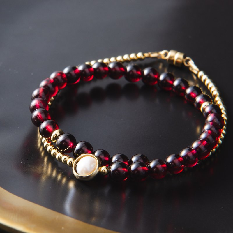 Red Garnet, Pearl, 14K Gold Filled Natural Gemstone Stack Bracelet - Bracelets - Semi-Precious Stones Red