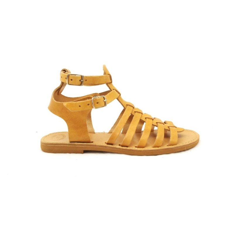 HIGH BATTLE: Flat Ancient Greek Gladiator Sandals Handmade of Full Grain Leather - 涼鞋 - 真皮 咖啡色