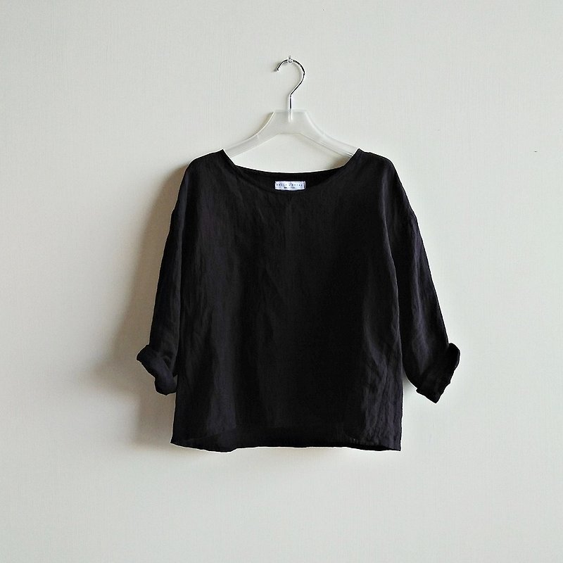 3/4 sleeve short shirt linen washed black - เสื้อผู้หญิง - ผ้าฝ้าย/ผ้าลินิน สีดำ