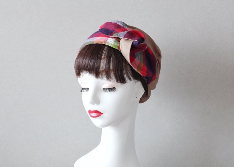 Retro Madras Check Sash Ribbon and French Beige Hair Turban Medical Hat/Care Hat Care Cap - เครื่องประดับผม - ผ้าฝ้าย/ผ้าลินิน สีม่วง