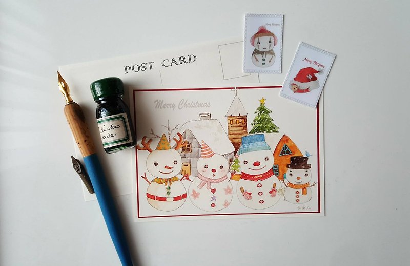 Christmas snowman lined up hand-painted postcard - การ์ด/โปสการ์ด - กระดาษ 