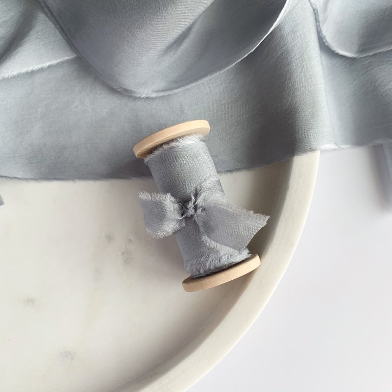 Cool Gray Silk Ribbon / Hand Dyed Silk ribbon on Wood Spool - 包裝材料/包裝紙 - 絲．絹 灰色