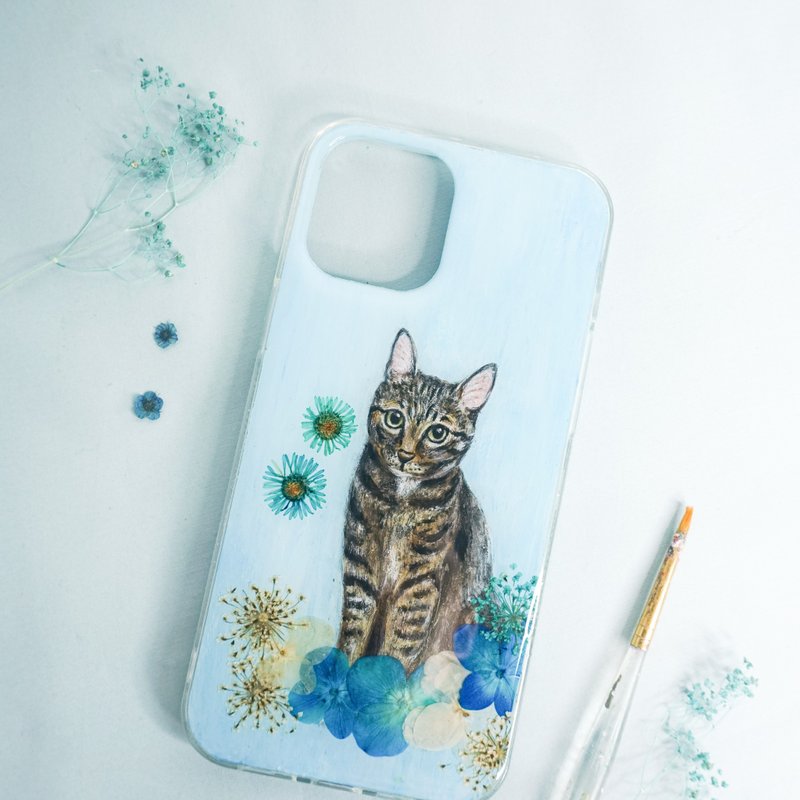 Tailor-made Hand-drawn Pet Pressed Flower Phone Case | Cat - Phone Cases - Plants & Flowers Blue