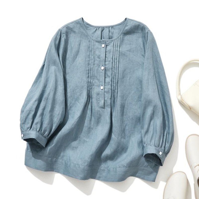 Not too sweet, but with a mature look. Linen blouse, 9/10 sleeves, pale greyish blue, 230515-2 - เสื้อผู้หญิง - วัสดุอื่นๆ 