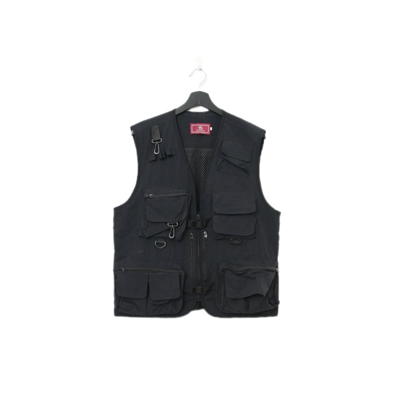 Back to Green-經典釣魚背心 正黑 拉鍊 多口袋v-21/vintage vest - 背心/無袖上衣 - 聚酯纖維 
