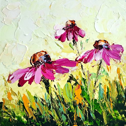 原創藝術 Pink Daisies Painting Impasto Original Art Daisy Oil Painting Flowers Small Art