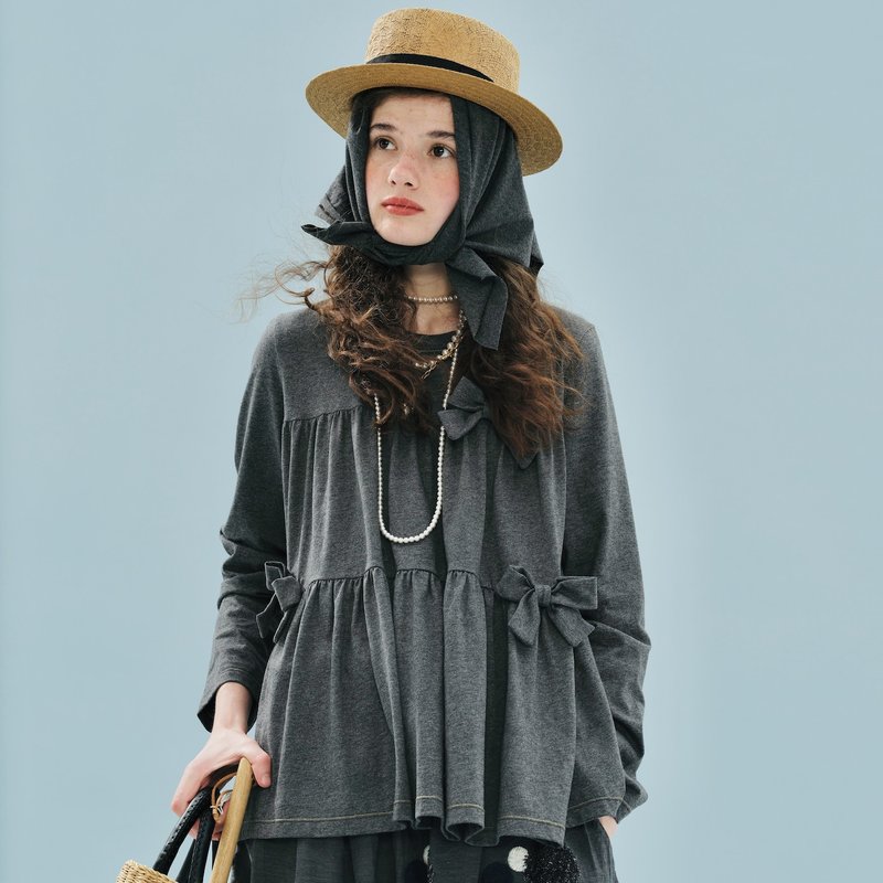 Heather Grey Bowknot Pure Cotton Knit Long-Sleeve Top - เสื้อผู้หญิง - ผ้าฝ้าย/ผ้าลินิน สีเทา