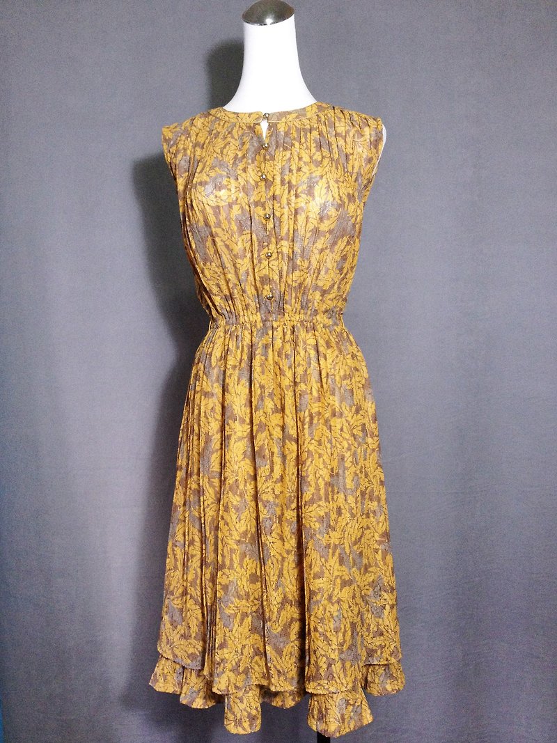 Ping-pong vintage [vintage dress / lace flower double layer skirt sleeveless vintage dress] abroad back VINTAGE - ชุดเดรส - เส้นใยสังเคราะห์ สีเหลือง