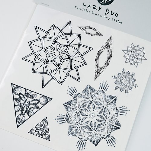 ╰ LAZY DUO TATTOO ╮ 手繪幾何圖形簡約刺青像真紋身貼紙灰黑色曼陀羅中性男生星形塔羅