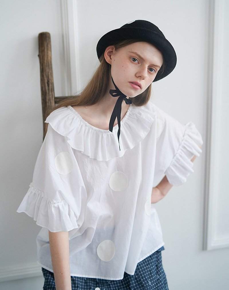 White lace collared sleeve shirt - imakokoni - เสื้อผู้หญิง - ผ้าฝ้าย/ผ้าลินิน ขาว