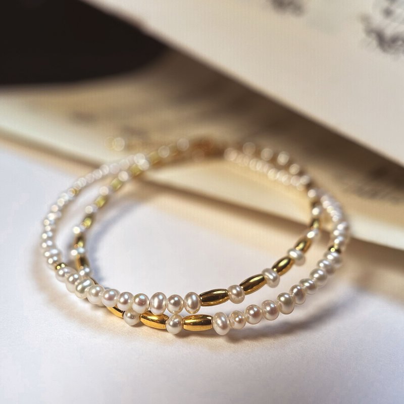 天然淡水珍珠316醫療鋼雙鍊手鍊/不鏽鋼手鍊 珍珠手鍊 14K金色 - 手鍊/手環 - 珍珠 白色