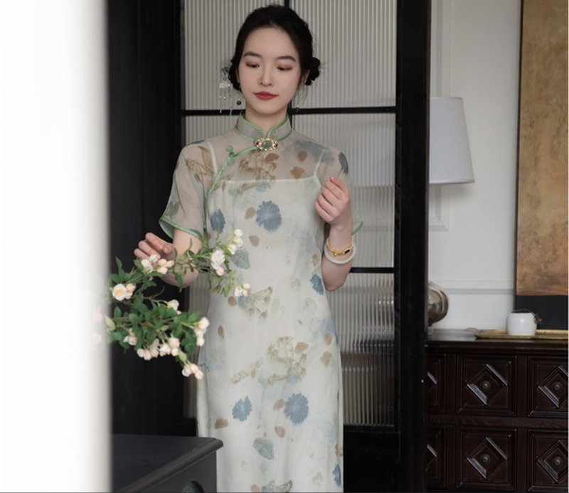 寫意一夏 新中式復古 美少女雪紡紗古法旗袍 - 旗袍/改良式旗袍 - 聚酯纖維 綠色