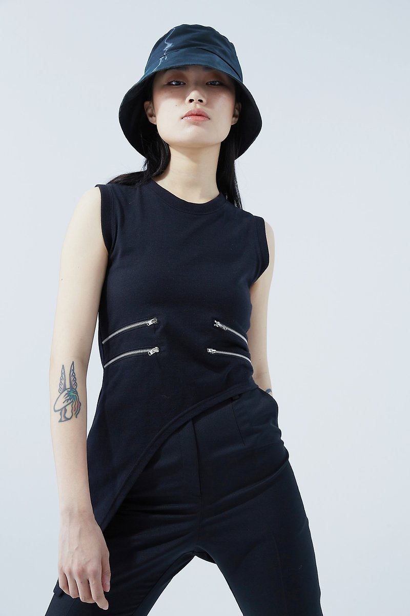 Asymmetric double zipper sleeveless top_black - Women's Tops - Cotton & Hemp White