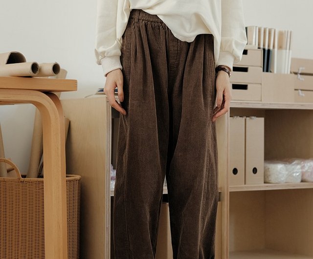 Corduroy wide-leg pants with elastic waist, Japanese women's wear, loose  casual pants for autumn - Shop belovednatural-cn Women's Pants - Pinkoi