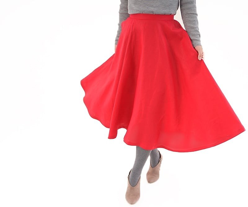 Midweight Belgium linen flare bias skirt / Rouge sk2-10 - Skirts - Other Materials Red