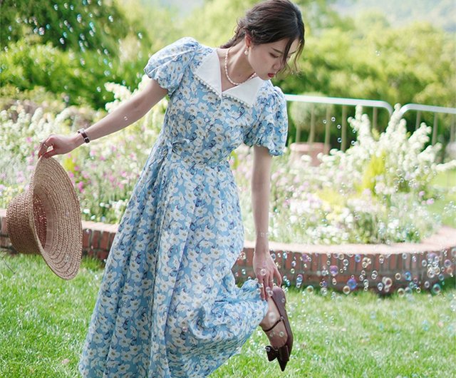 水色の花柄の牡丹の女の子フランスのロマンチックなレースの文学的な花