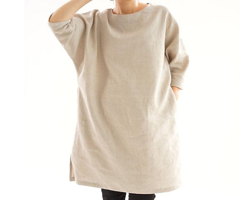 Linen Dolman sleeve one piece hem slit / flax natural a 8 - 26 - One Piece Dresses - Cotton & Hemp Khaki