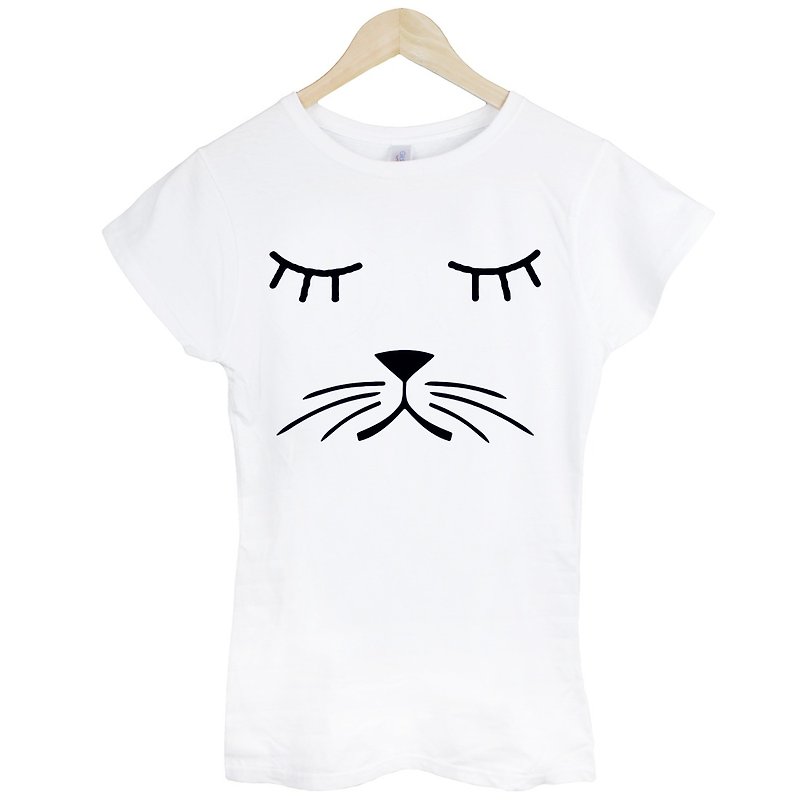 Whiskers Cat Girls Short Sleeve T-Shirt-2 Color Beard Cat Dog Dog Animal Wen Qing Art Design Fashion Text Fashion - เสื้อยืดผู้หญิง - ผ้าฝ้าย/ผ้าลินิน หลากหลายสี