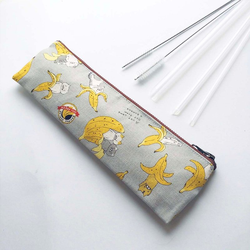 [SGS certification│Biomedical grade environmental protection straws] Banana cat storage bag + five-piece set of Meiji straws - หลอดดูดน้ำ - วัสดุอื่นๆ สีน้ำเงิน