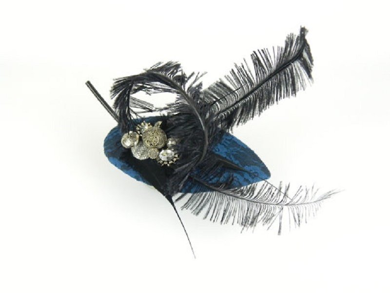 Fascinator Headpiece Cocktail Hat Statement Petrol Blue Floral Lace Fabric with Large Black Feathers and Vintage Buttons, Fashion Occasion - เครื่องประดับผม - วัสดุอื่นๆ หลากหลายสี