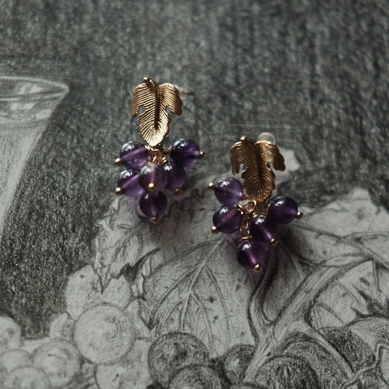 復古vintage巴洛克風葡萄造型紫水晶保色鍍金銀針耳環 - 耳環/耳夾 - 水晶 紫色