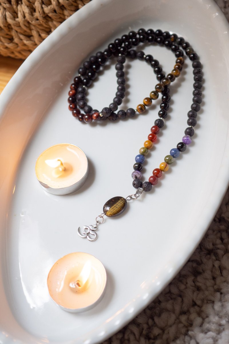 Lava stone beads, 7 chakra stones mala, 925 Silver, yoga jewelry, spiritual gift - 項鍊 - 寶石 多色
