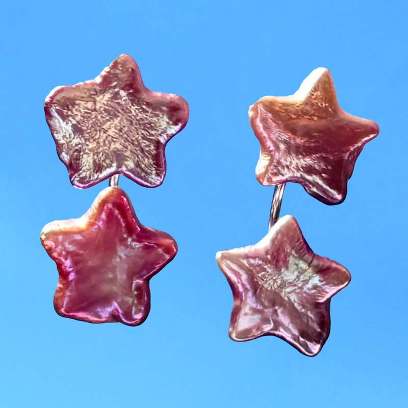 Nova 雙星珍珠耳扣式耳環 – 純銀 - 耳環/耳夾/耳骨夾 - 純銀 粉紅色