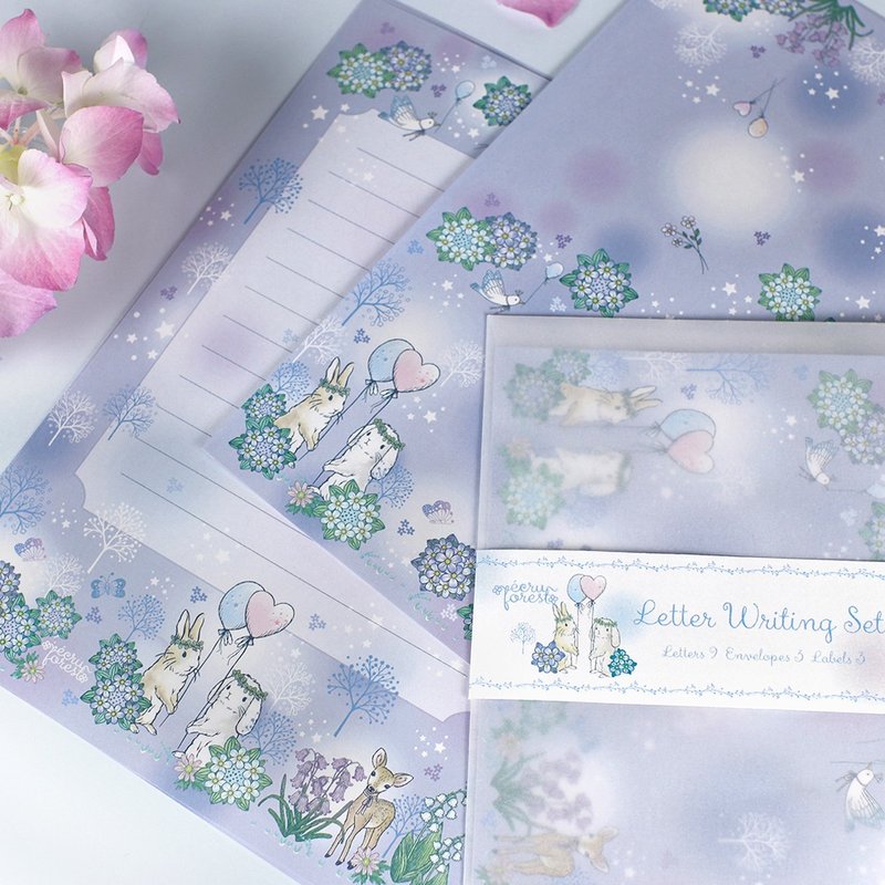 Letter set Flower Festival series Letters Stationery, envelopes, address stickers Rabbits, droopy-eared rabbits, hydrangeas, bluebells, lily of the valley, forest scenery, also for notebook decoration, animals, bird - ซองจดหมาย - กระดาษ สีม่วง